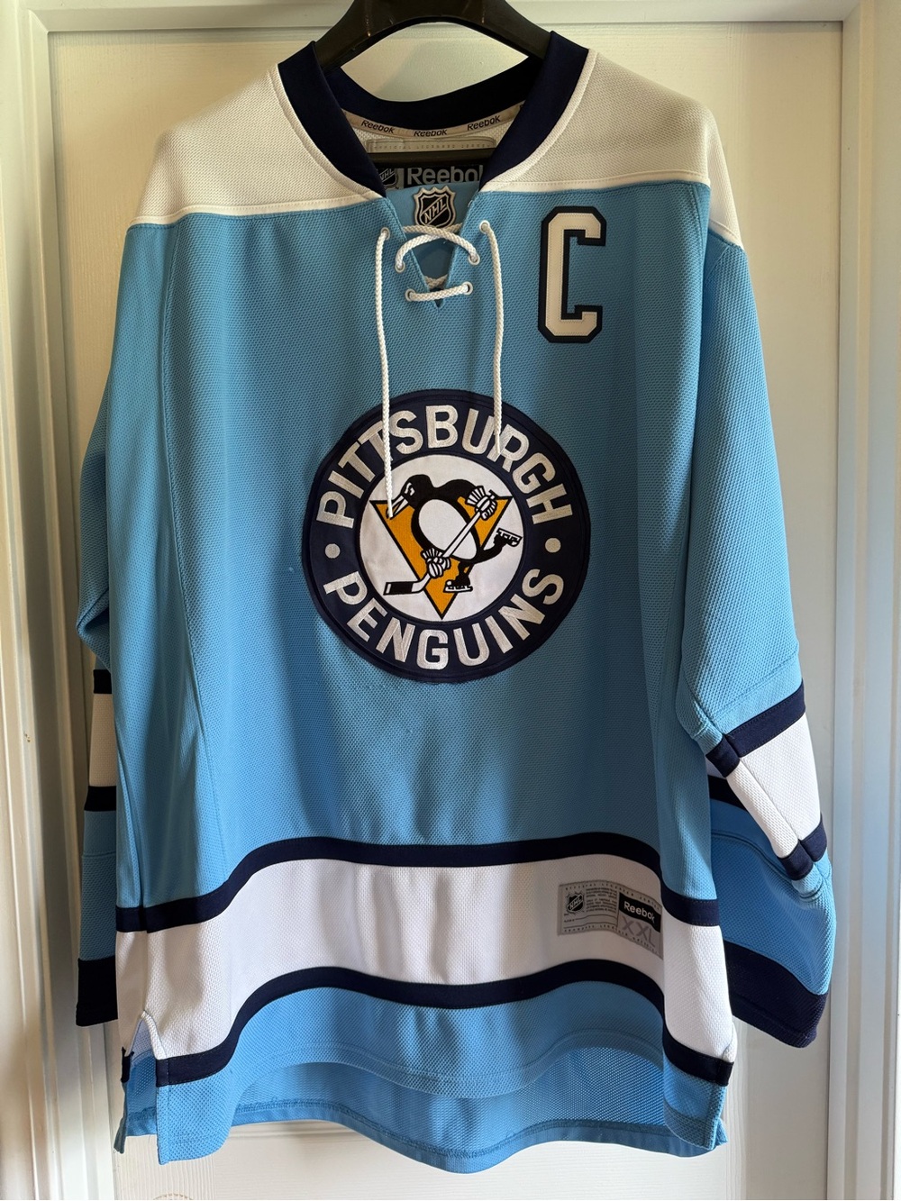 Pittsburgh Penguins Light Blue Lace-Up Captain Jersey #87